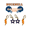 Bucknell Spirit Earring Stack with orange mini enamel bolts and navy starboys