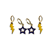 Pitt Spirit Earring Stack with golden yellow mini enamel bolts and navy starboys