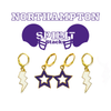 Northampton Community College Spirit Earring Stack with purple mini enamel bolts and white starboys