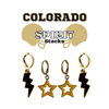 Colorado Spirit Earring Stack with gold mini enamel bolts and black starboys