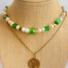 green lucky charms handmade beaded necklace layered with lucky charm pendant gold necklace