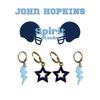 Johns Hopkins Spirit Earring Stack with baby blue mini enamel bolts and navy starboys