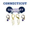 Connecticut College Classic Gameday Earring Stack with white mini enamel bolts and navy baby stars