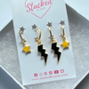 Wake Forest Classic Gameday Earring Stack with black mini enamel bolts and golden yellow baby stars