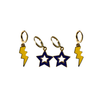 Rochester Spirit Earring Stack with golden yellow mini enamel bolts and navy starboys