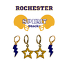 Rochester Spirit Earring Stack with golden yellow mini enamel bolts and navy starboys
