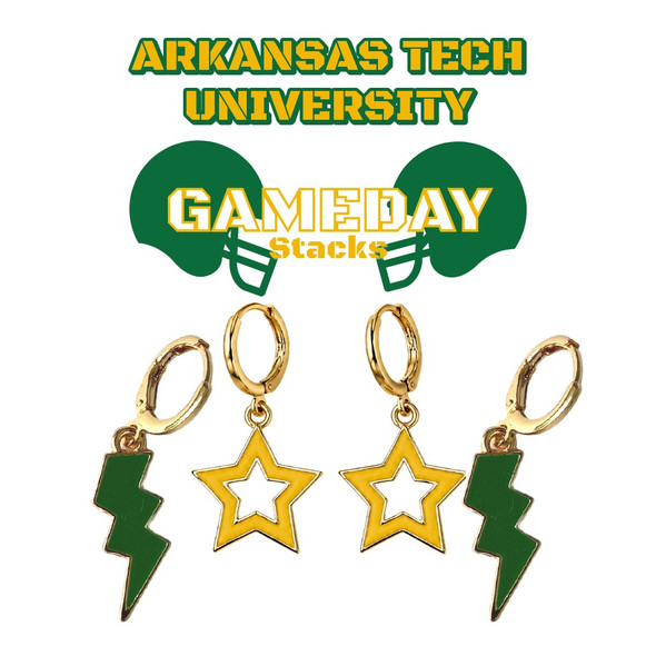 Arkansas Tech University Wonder Boys and Golden Suns Spirit Earring Stack: green mini enamel bolts and golden yellow statement open starboy huggies