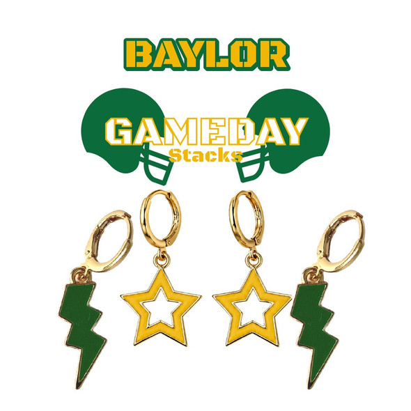 Baylor Bears Spirit Earring Stack: green mini enamel bolts and golden yellow statement open starboy huggies