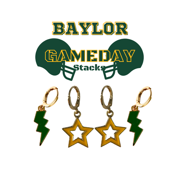 Baylor Spirit Earring Stack with green mini enamel bolts and gold starboys