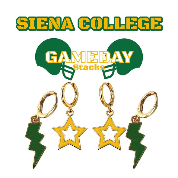 Siena College Saints Spirit Earring Stack: green mini enamel bolts and golden yellow statement open starboy huggies
