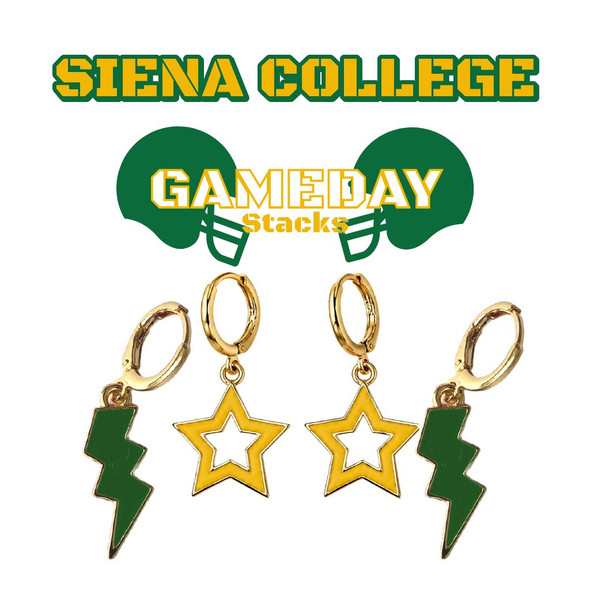 Siena College Saints Spirit Earring Stack: green mini enamel bolts and golden yellow statement open starboy huggies