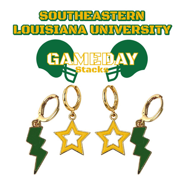 Southeastern Louisiana University Lions Spirit Earring Stack: green mini enamel bolts and golden yellow statement open starboy huggies