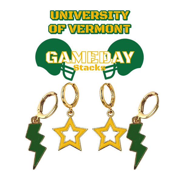 University of Vermont Catamounts Spirit Earring Stack: green mini enamel bolts and golden yellow statement open starboy huggies