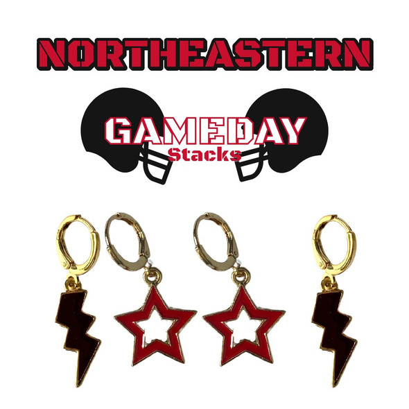 Northeastern Huskies Spirit Earring Stack: black mini enamel bolts and red statement open starboy huggies