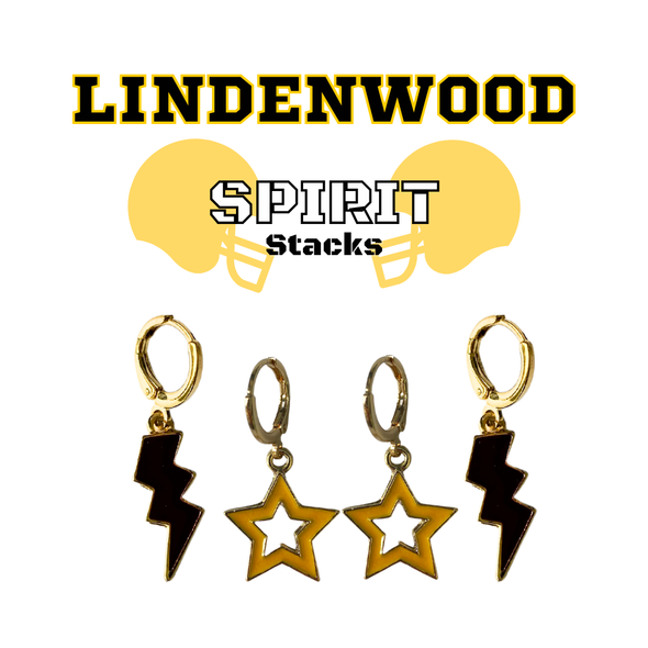 Lindenwood Spirit Earring Stack with golden yellow mini enamel bolts and black starboys