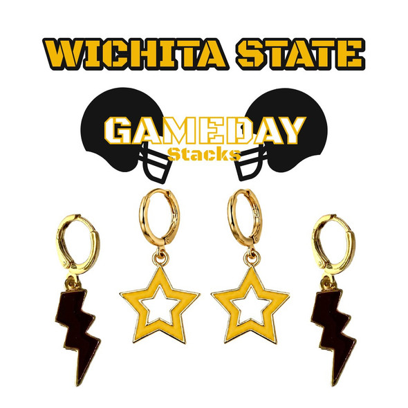 Wichita State Shockers Spirit Earring Stack: black mini enamel bolts and golden yellow statement open starboy huggies