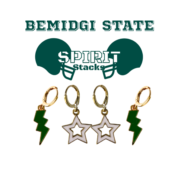 Bemidji State Spirit Earring Stack with green mini enamel bolts and white starboys