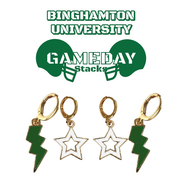 Binghamton University Bearcats Spirit Earring Stack: green mini enamel bolts and white statement open starboy huggies