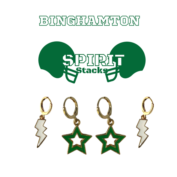 Binghamton University Spirit Earring Stack in green and white, Bearcats huggie hoop earrings (view 2)
