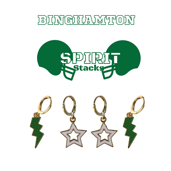 Binghamton University Spirit Earring Stack in green and white, Bearcats huggie hoop earrings