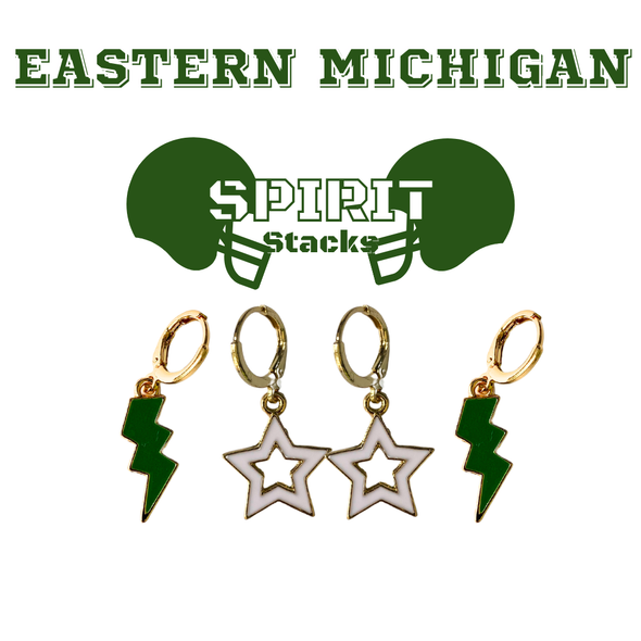 Eastern Michigan Spirit Earring Stack with green mini enamel bolts and white starboys