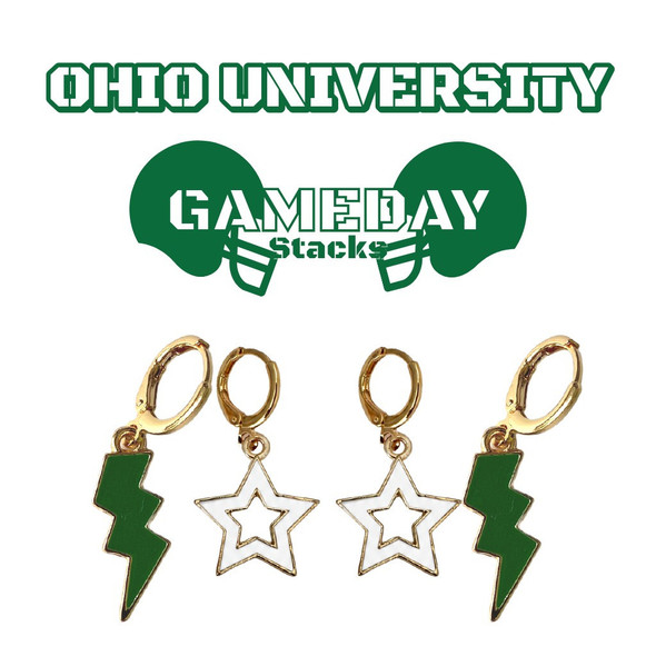 Ohio University Bobcats Spirit Earring Stack: green mini enamel bolts and white statement open starboy huggies