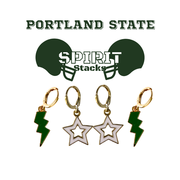 Portland State Spirit Earring Stack with green mini enamel bolts and white starboys