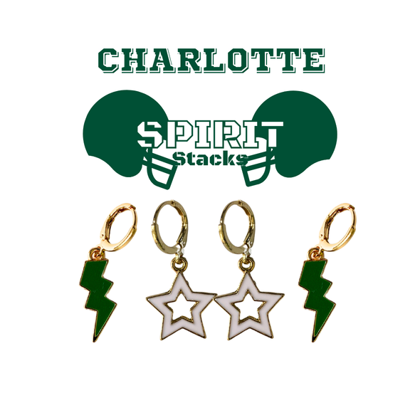 UNC Charlotte Spirit Earring Stack with green mini enamel bolts and white starboys