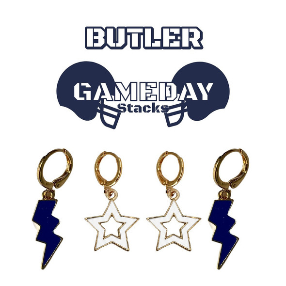 Butler Bulldogs Spirit Earring Stack: navy mini enamel bolts and white statement open starboy huggies