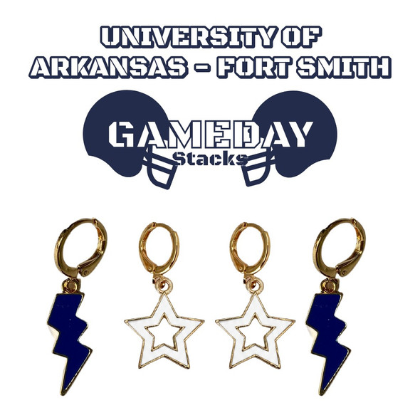 University of Arkansas - Fort Smith Lions Spirit Earring Stack: navy mini enamel bolts and white statement open starboy huggies