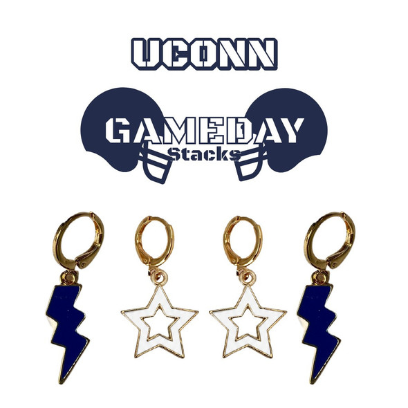 UConn Huskies Spirit Earring Stack: navy mini enamel bolts and white statement open starboy huggies