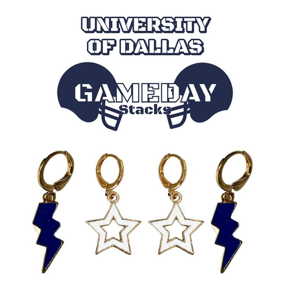 University of Dallas Crusaders Spirit Earring Stack: navy mini enamel bolts and white statement open starboy huggies