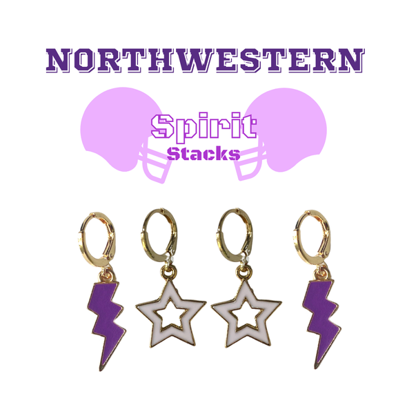 Northwestern Spirit Earring Stack with white mini enamel bolts and purple starboys