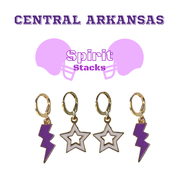Central Arkansas Spirit Earring Stack with white mini enamel bolts and purple starboys