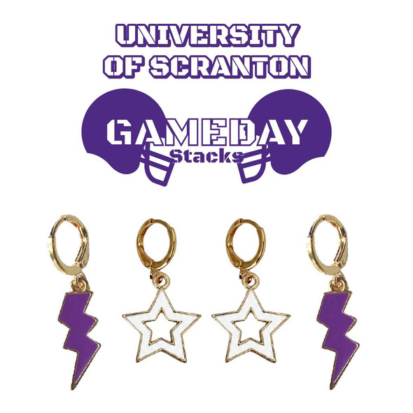 University of Scranton Royals Spirit Earring Stack: purple mini enamel bolts and white statement open starboy huggies