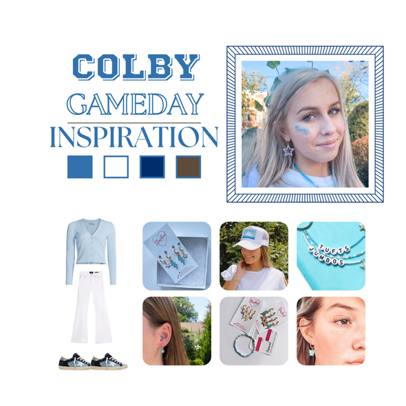 Colby College Spirit Earring Stack for White Mules game day – wearing