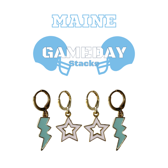 Maine Spirit Earring Stack with baby blue mini enamel bolts and white starboys