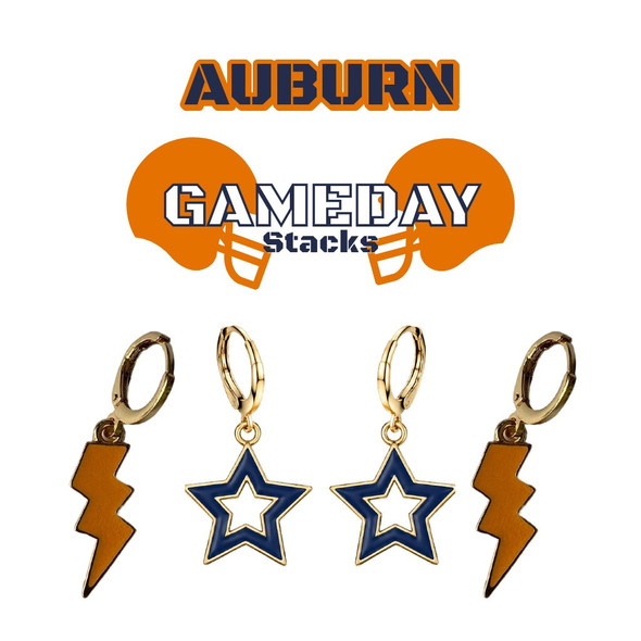 Auburn Tigers Spirit Earring Stack: orange mini enamel bolts and navy statement open starboy huggies