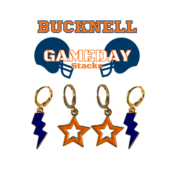 Bucknell Spirit Earring Stack with orange mini enamel bolts and navy starboys