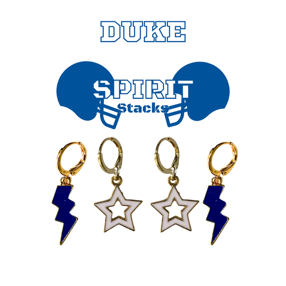 Duke Spirit Earring Stack with white mini enamel bolts and cobalt starboys