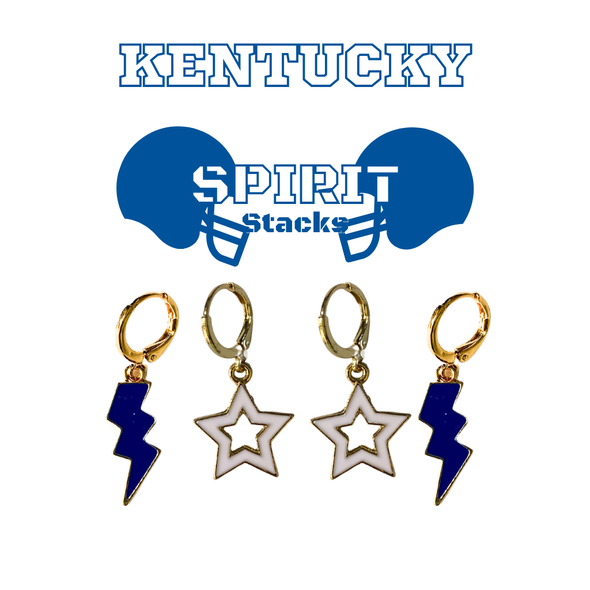 Kentucky Spirit Earring Stack with white mini enamel bolts and cobalt starboys