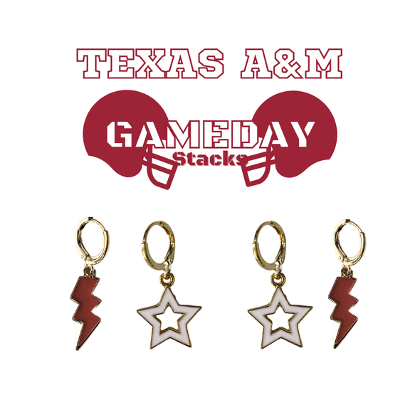 Texas A&M Spirit Earring Stack with maroon mini enamel bolts and white starboys