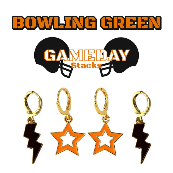 Bowling Green Falcons Spirit Earring Stack: black mini enamel bolts and orange statement open starboy huggies