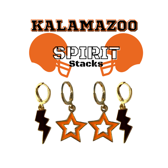 Kalamazoo Spirit Earring Stack with black mini enamel bolts and orange starboys