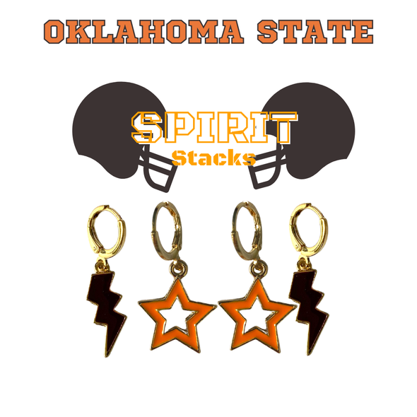 Oklahoma State Spirit Earring Stack with black mini enamel bolts and orange starboys