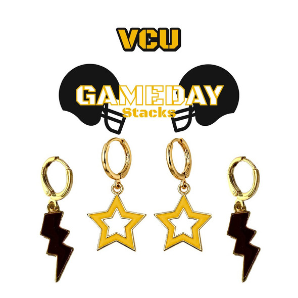 VCU Rams Spirit Earring Stack: black mini enamel bolts and golden yellow statement open starboy huggies