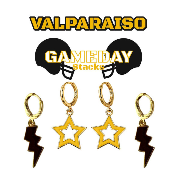 Valparaiso Crusaders Spirit Earring Stack: black mini enamel bolts and golden yellow statement open starboy huggies