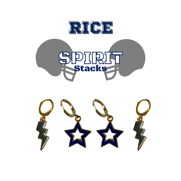 Rice Spirit Earring Stack with navy mini enamel bolts and grey starboys