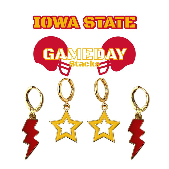 Iowa State Cyclones Spirit Earring Stack: red mini enamel bolts and golden yellow statement open starboy huggies