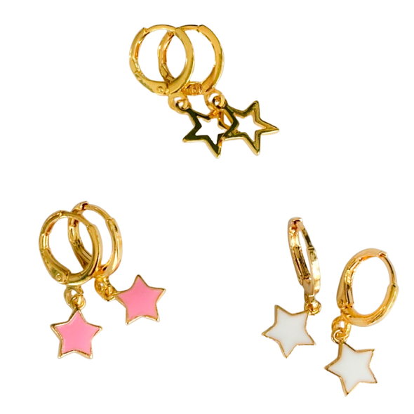 baby star huggie hoop earrings in light pink, white and gold